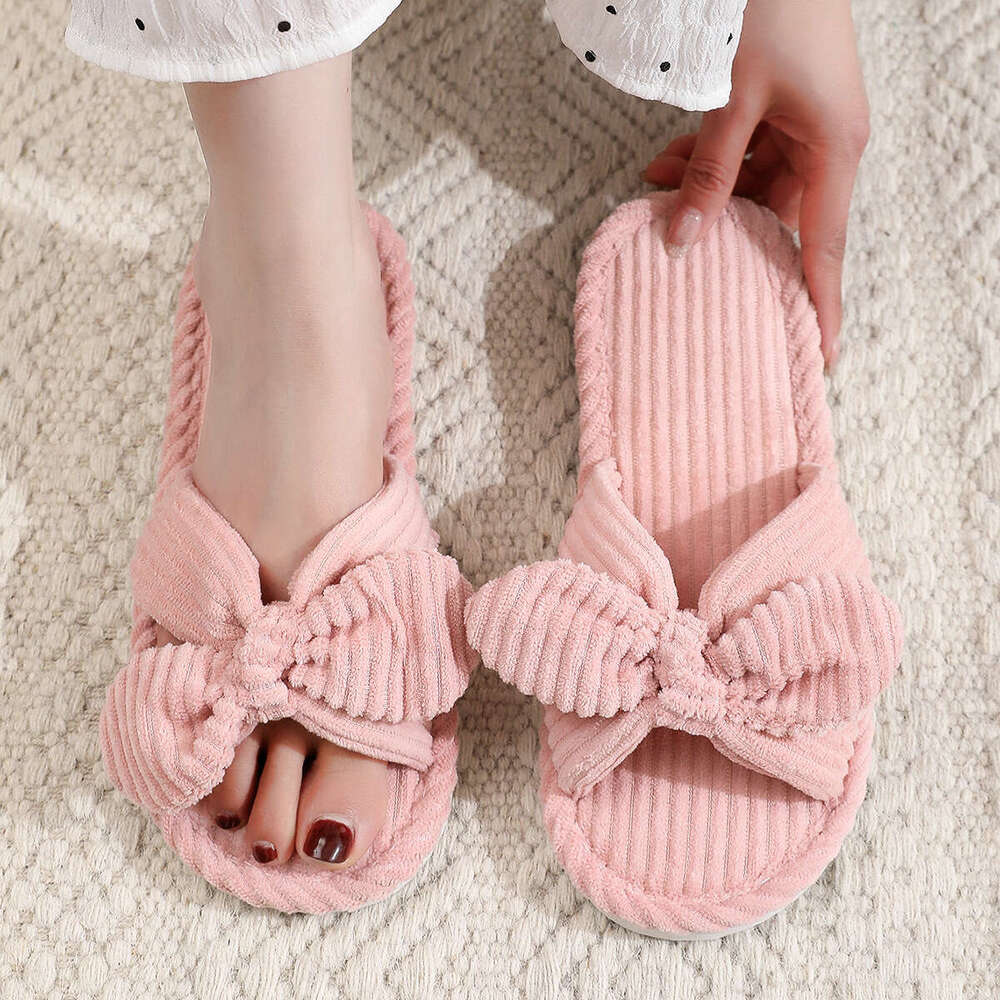 Butterfly Knot Women's Autumn Winter Indoor Outdoor Thick Sole Warm Plush Maternity Shoes One Word Open Toe Cotton Slippers