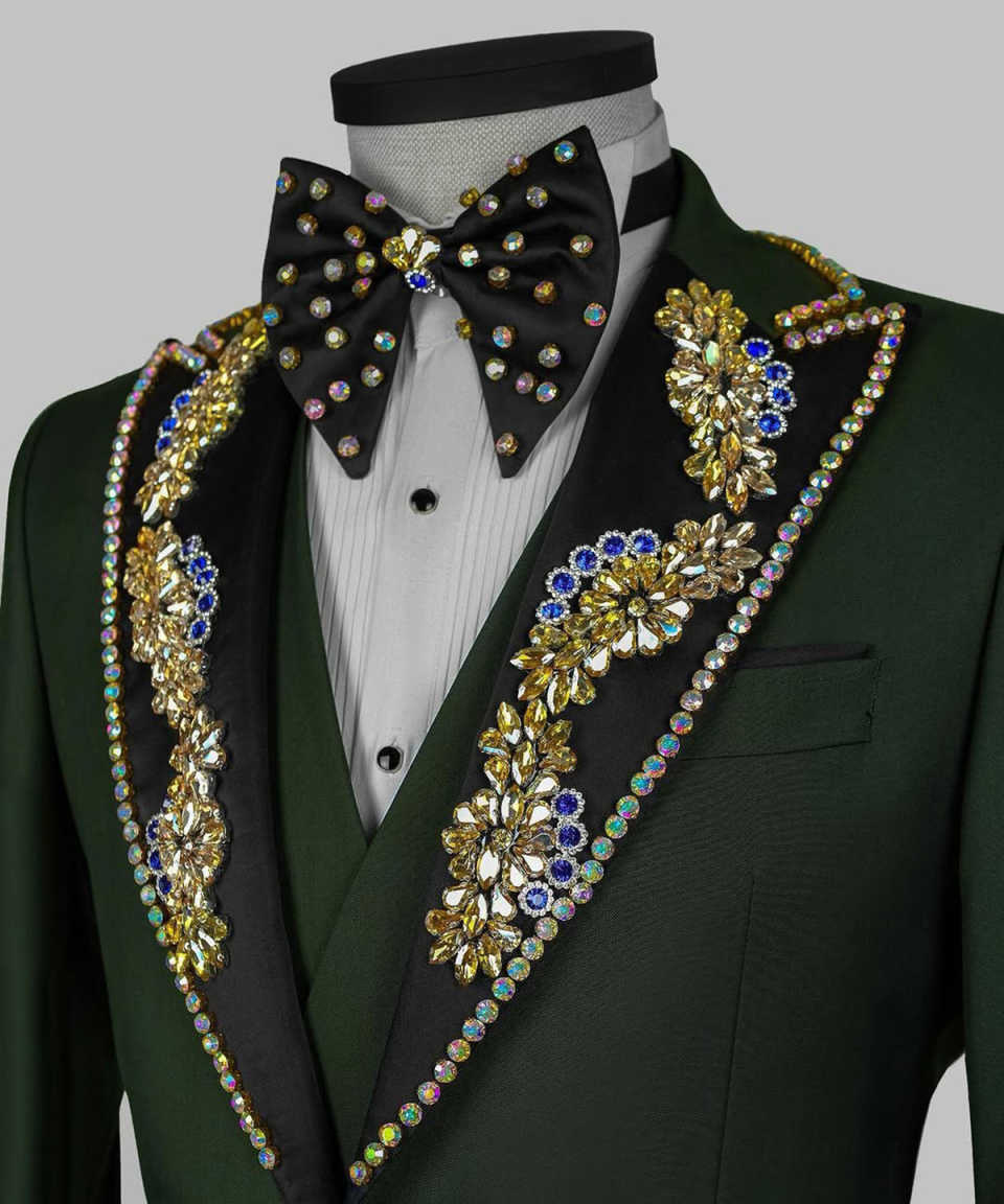 Luxurious Men Suits 2 Piecs Blazers Pants Single Breasted Beads Diamond For Wedding Groom Tuxedos Customized