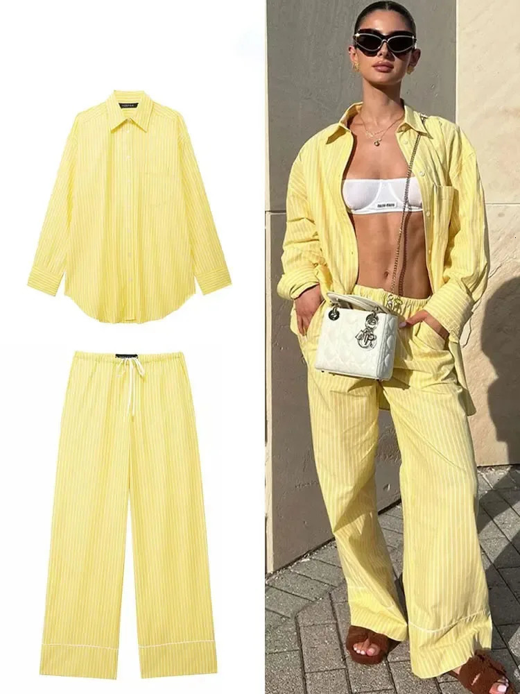 Women Yellow Stripe Blouse Pant Suit Loose Long Sleeve Shirt Drawstring Trousers Female Fashion Streetwear Outfits 250730