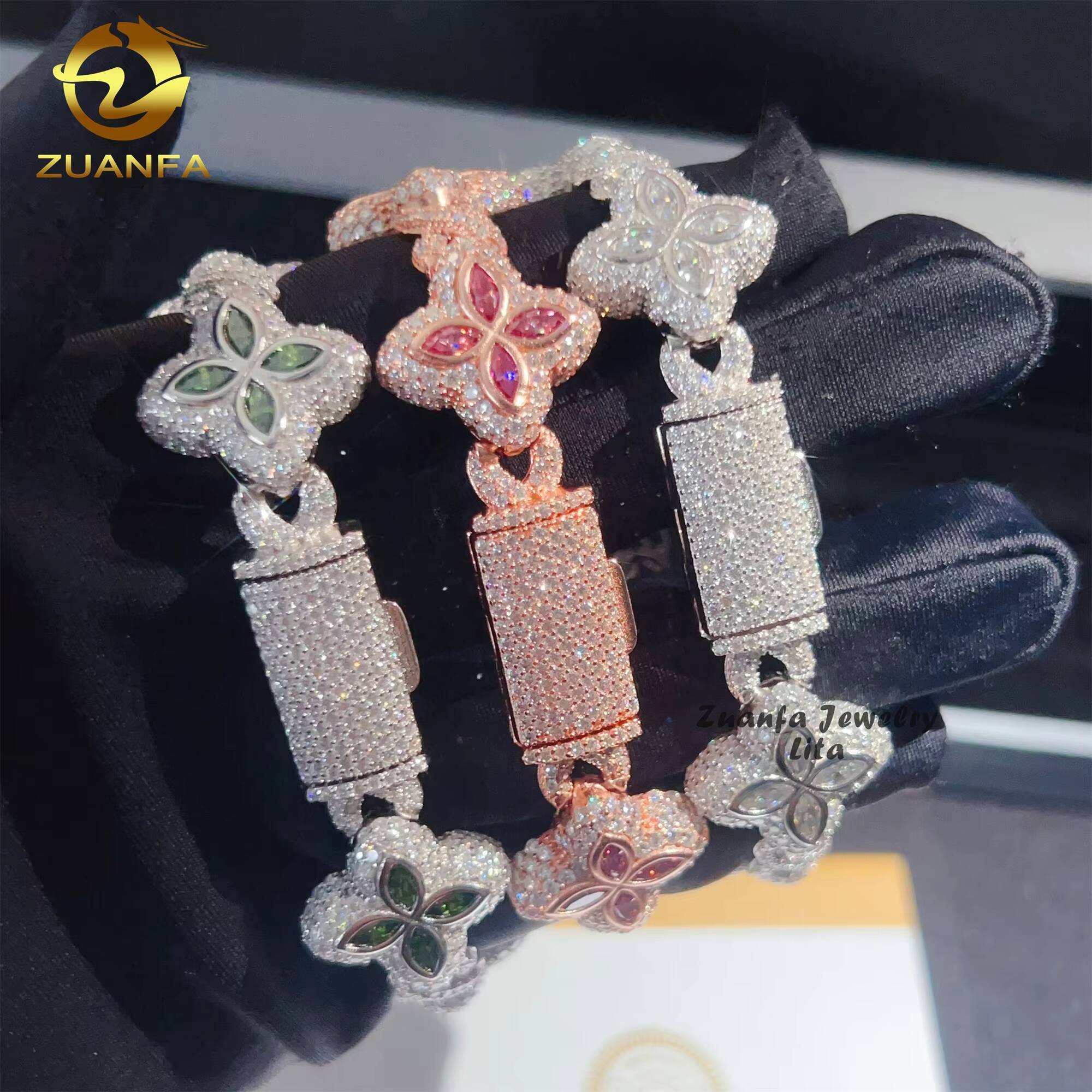 Hot Selling Hip Hop Color Marquise Cuban Link Chain Infinity 925 Silver Moissanbite Diamond Clover Bracelet