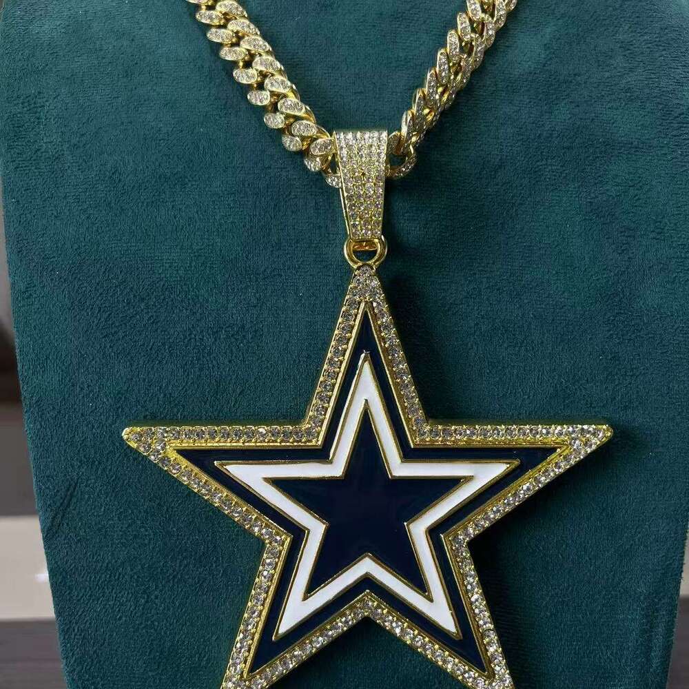 Hot Selling Blue Oil Drop Inlaid Dia Five-Pointed Star Pendant Hip-Hop Alloy Cuban Chain Personalized Creative Necklace