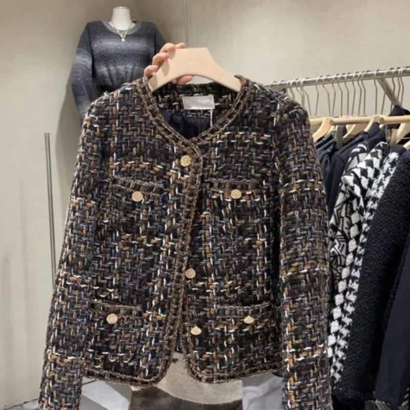 Autumn Winter Vintage Tweed Jacket Coat Women Small Fragrance Patchwork Korean Woollen Cropped Coats Elegant Short Outerwear 250730