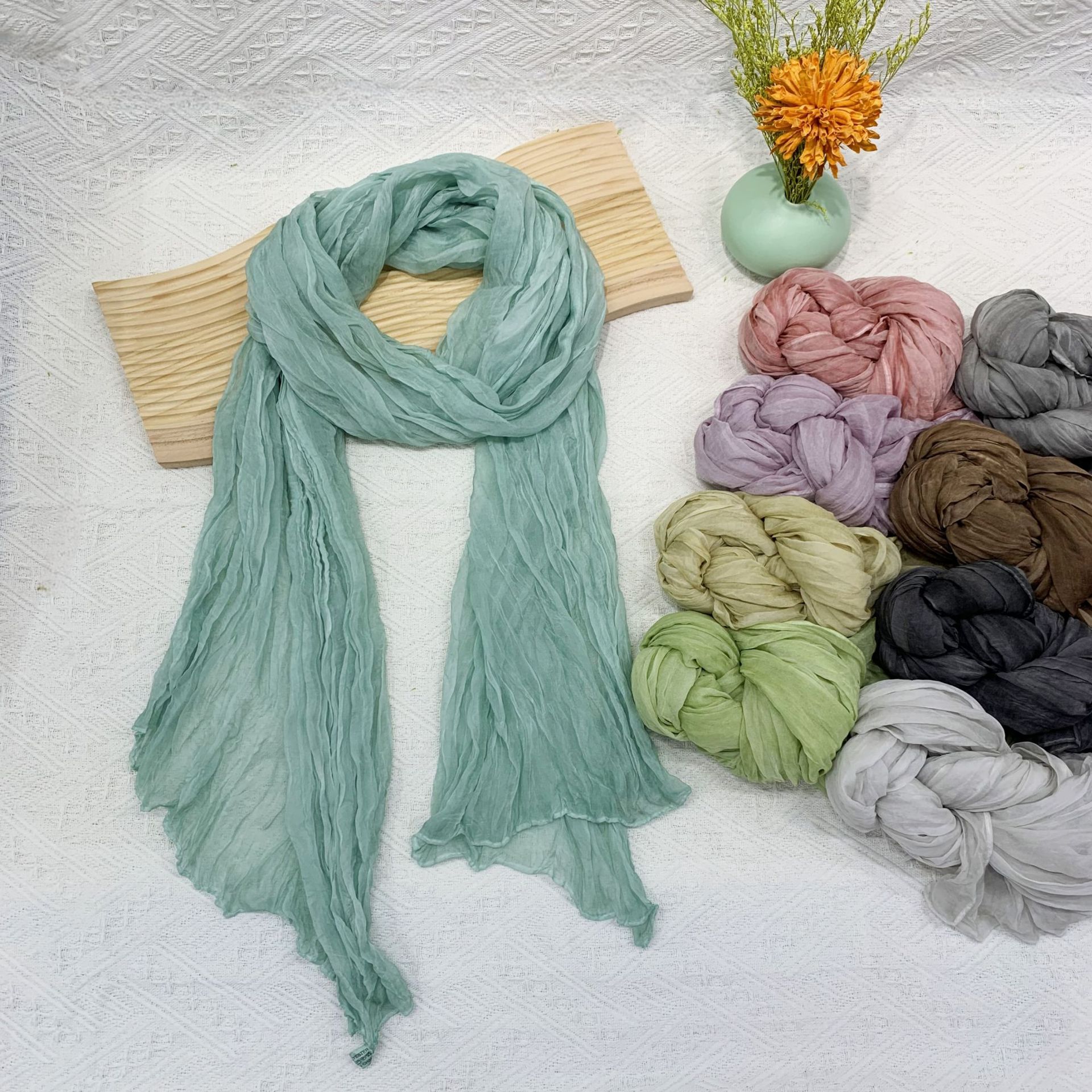 K1533 Korean retro tie-dye thin solid color long scarf women's summer sun protection medium-length scarf Japanese and Korean literary beach shawl