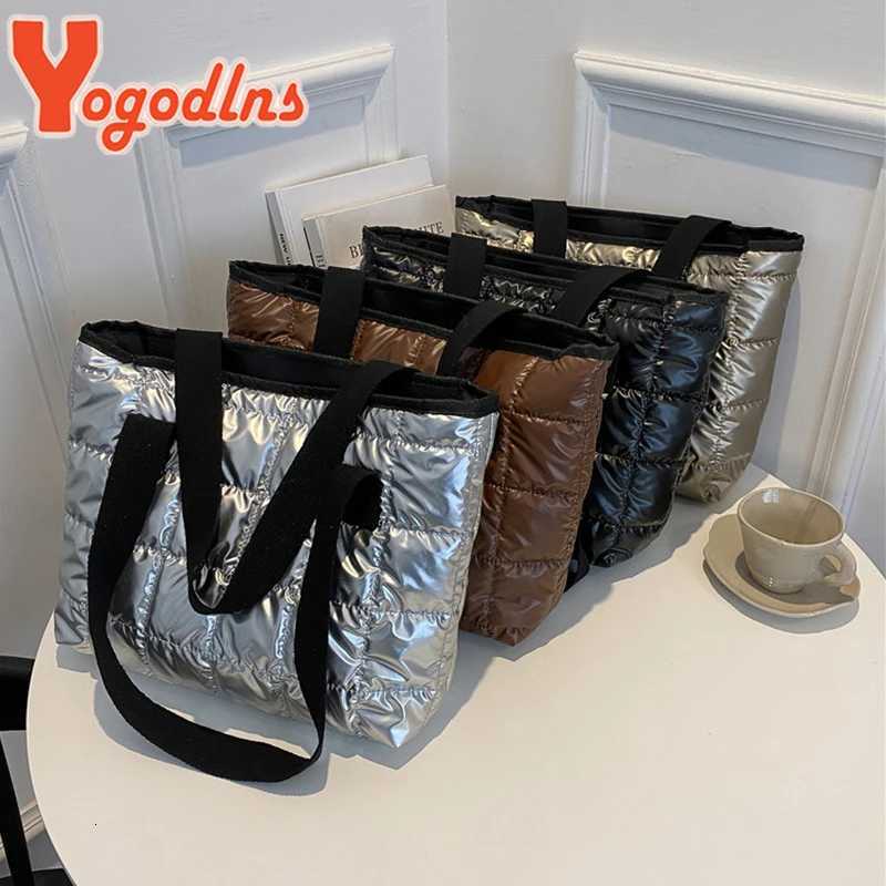 Yogodlns Winter Lozenge Tote Bag Space Cott Handbag Large Capacity Shoulder Bag Warm Down Handbag Casual Portable Handle Bag Y250730