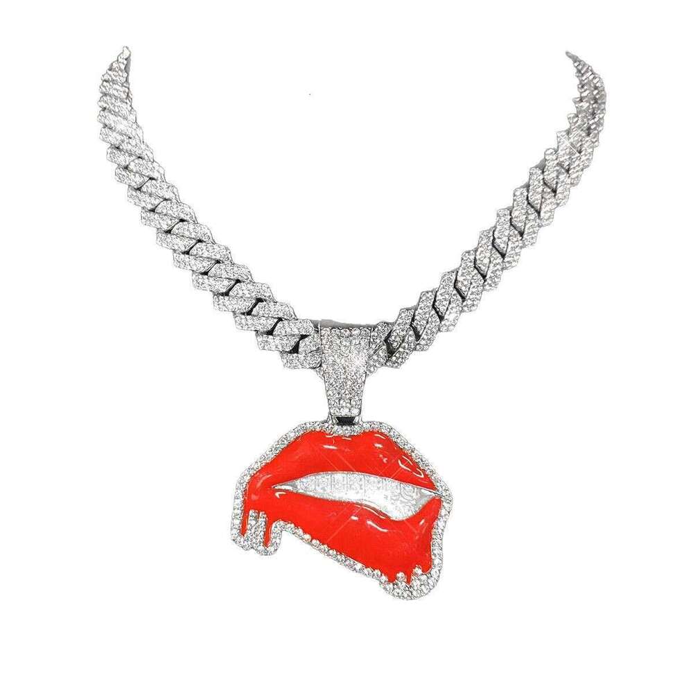 Inlaid Dia Oil Drop Sexy Red Lip Pendant Hip Hop Personality Creative Alloy Cuban Chain Necklace