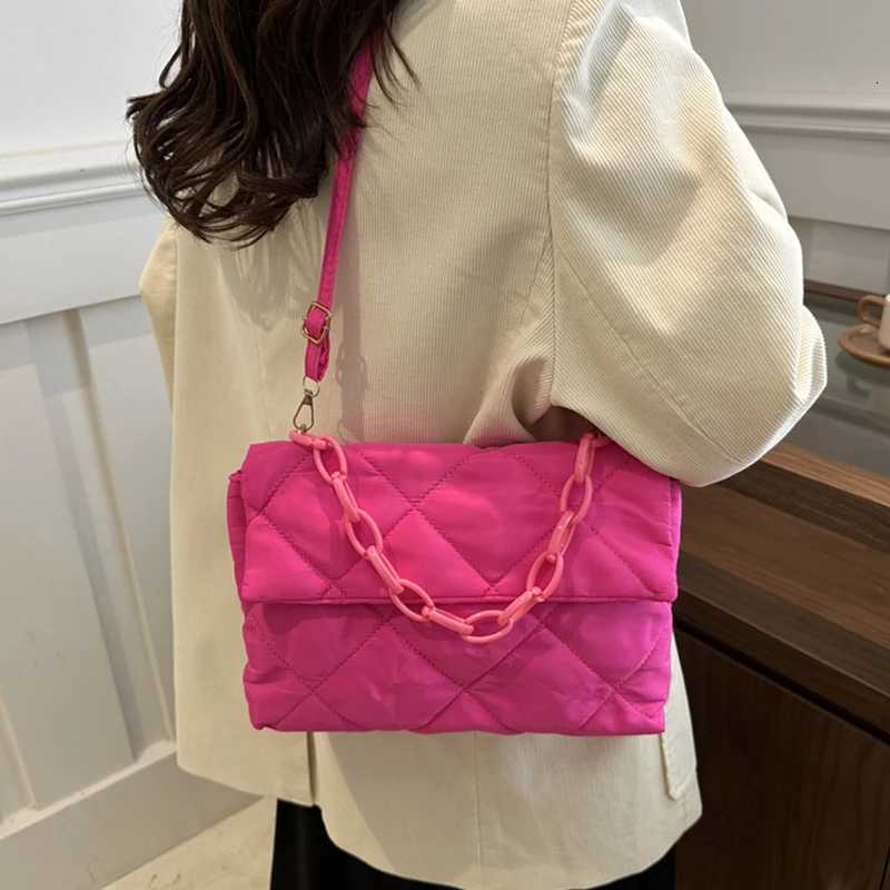 Winter Cott Padded Quilted Handbag For Women Chain Rhbic Pattern Designer Feather Down Bag Purse Ladies Shoulder Tote Bags Y250730