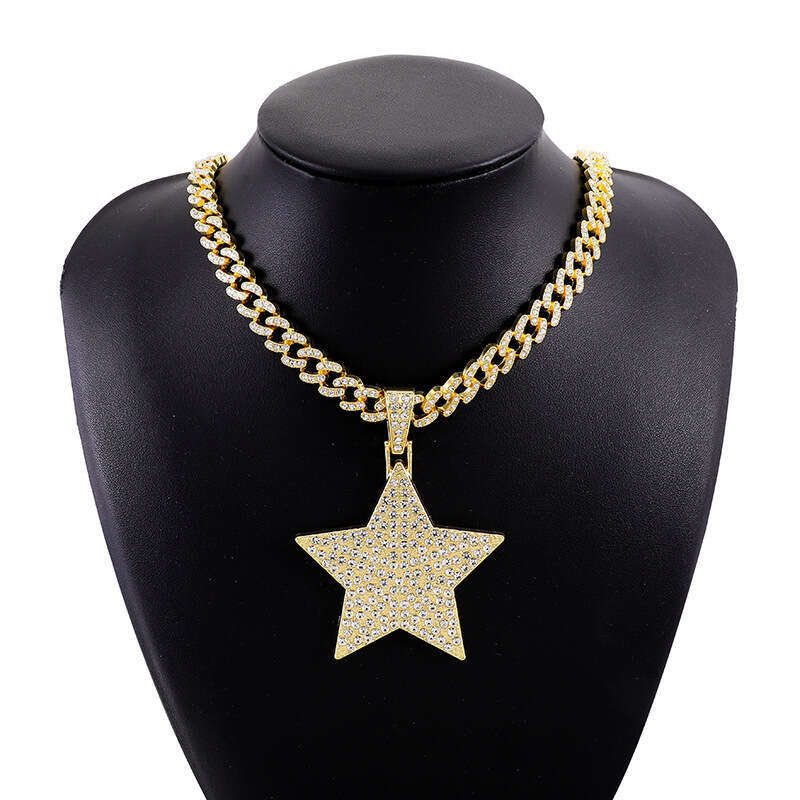Cuban Necklace Set Five-Pointed Star Inlaid Dia Alloy Jewelry Trendy Men's Essential Pendant