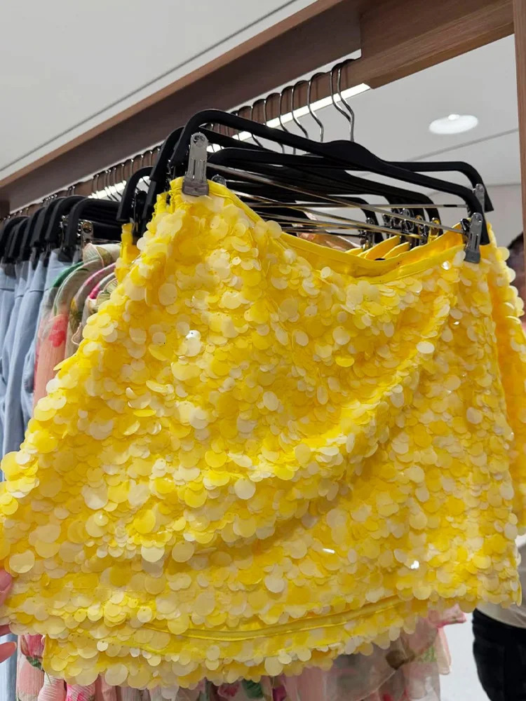 TRAFZA Women Fashion Solid Sequins Mini Skirt Slim Casual High Waist Side Zipper Skirts Mujer Summer Sweet Style 250730