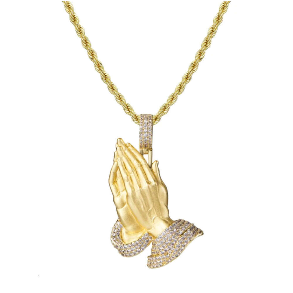 HIP HOP New Copper Inlaid Zircon Pendant Necklace Prayer Palm Trendy Jewelry