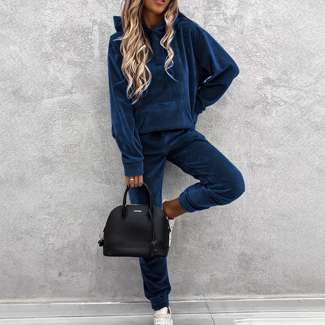 2021 Womens Spring New Velvet Hoodie Sweatshirt Fashion Slim Pants Set