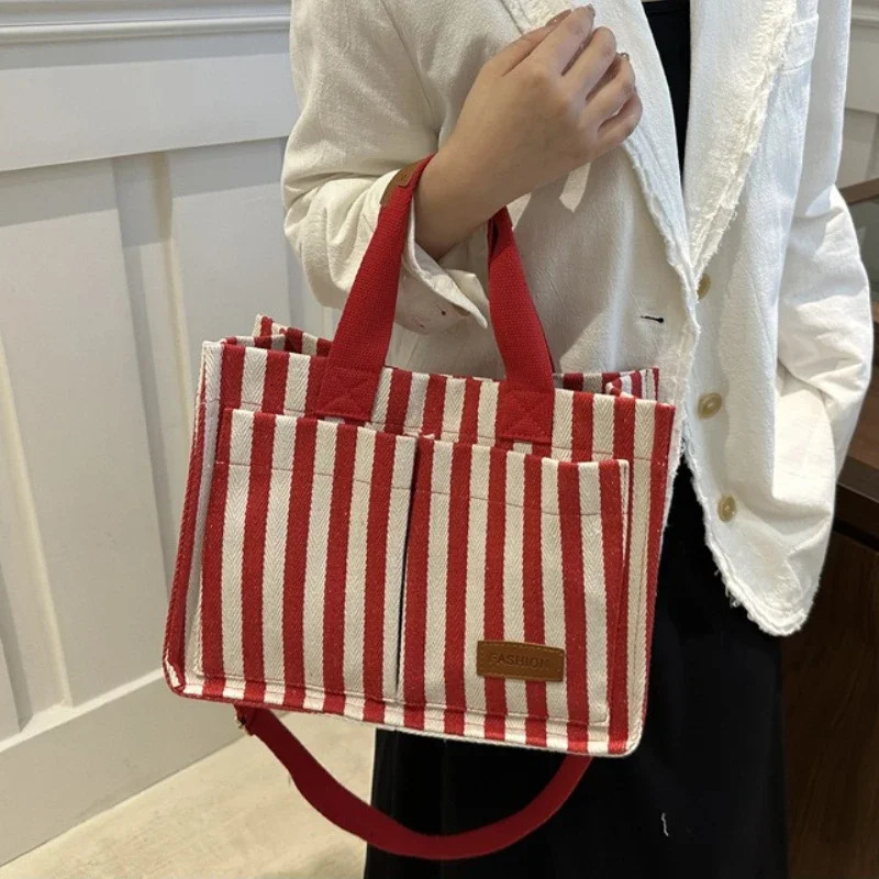 Ladies handbags largecapacity singleshoulder bags striped canvas commuting and travel shopping 250725