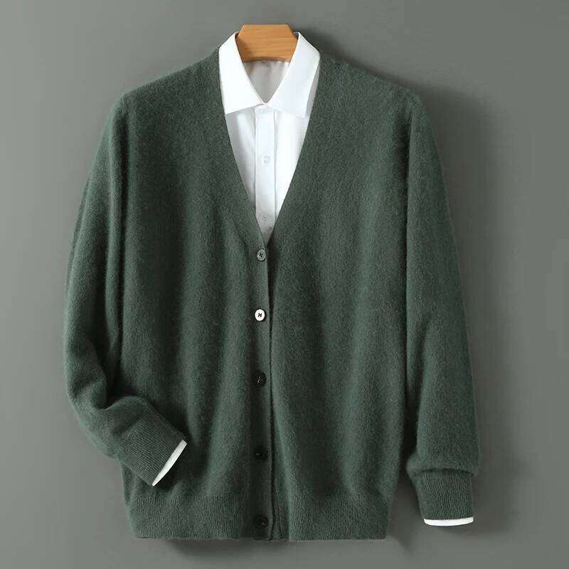 Autumn Winter New 100% Mink Cashmere Cardigan Men's V-Neck Tops Knitted Sweater Loose Large Long Sleeved Shirt Thickening Jacket MDNG