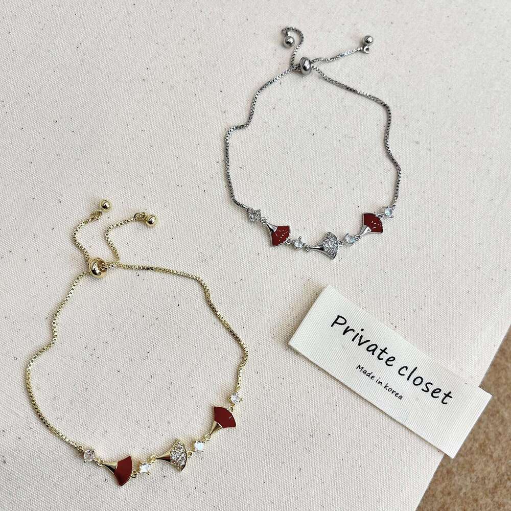 Autumn Winter Ancora Red Inlaid Dia Fan-shaped Oil Drop Mini Dress Pull-out Bracelet for Women Light Niche Exquisite Jewelry fa6