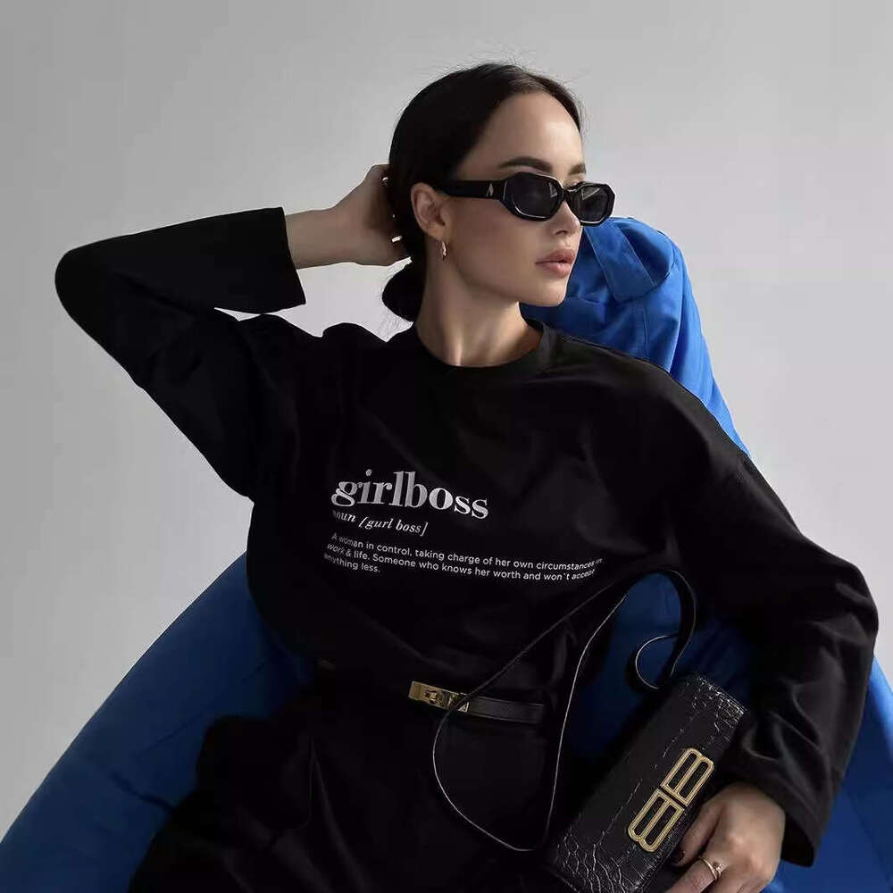 American Style Printed T-Shirt For Women, Pure Cotton Long Sleeve Letter Pattern Loose Top Ins B5