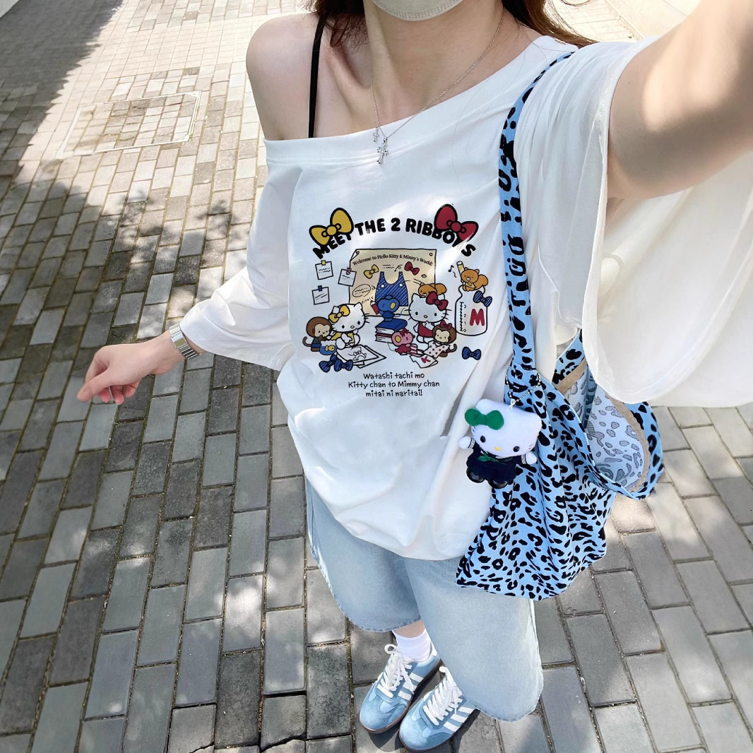 2025 Cotton College Style Off Shoulder Short Sleeve Women's T-shirt Summer New Cartoon Cat Pattern Cute Printed Top New Designer T-shirt