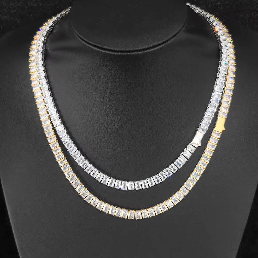 Womens 18K Gold Plated Brass Tennis Chain Necklace 6mm Rectangular Zircon Hip Hop Fine Jewelry Tennis Chains Necklaces