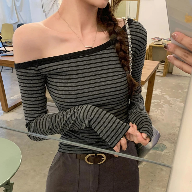 Spring Summer Vintage Striped Womens Long Sleeve One Shoulder Casual Korean Tshirt Bottom Shirts Tops Female 250729