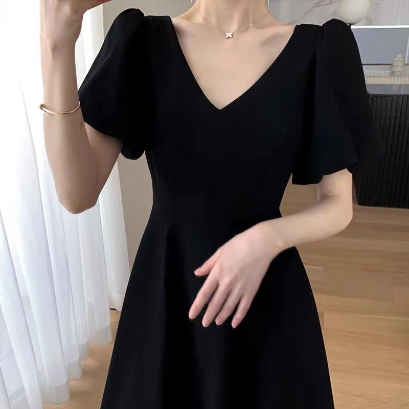 T21752 French V-neck Hepburn style wine red puff sleeve slimming belly-covering long skirt