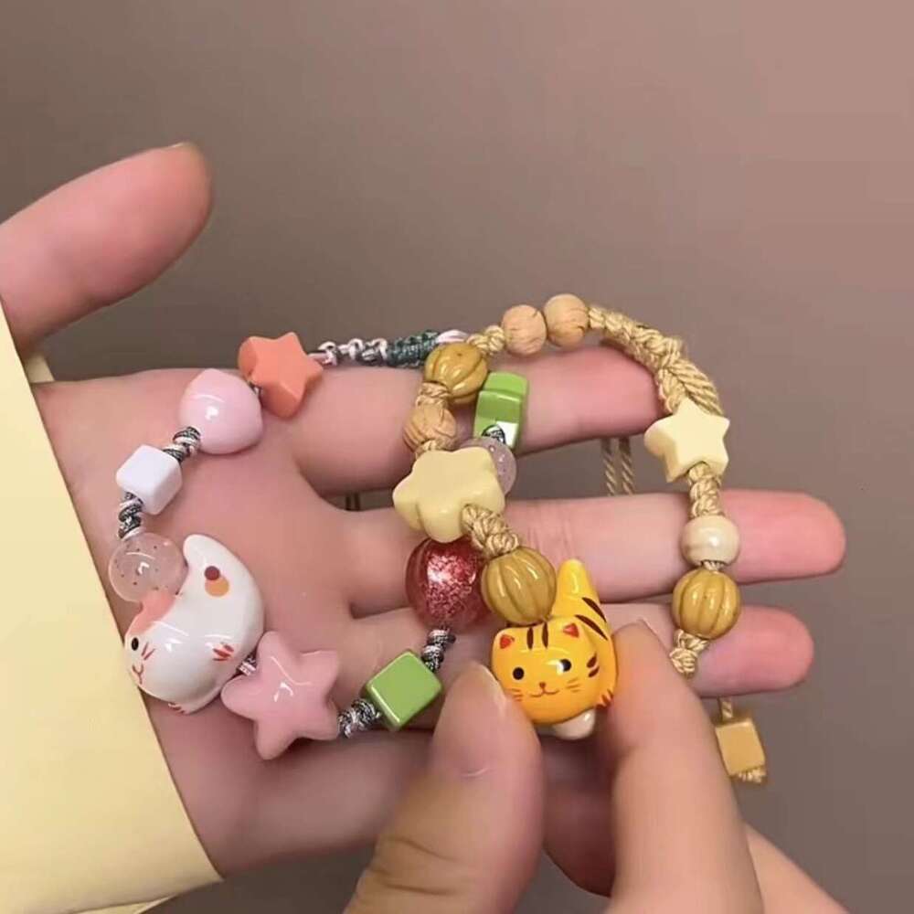 Fresh Yellow Ceramic Kitten Handmade Braided Drawstring Design Niche Sweet Girl Bracelet 2d0