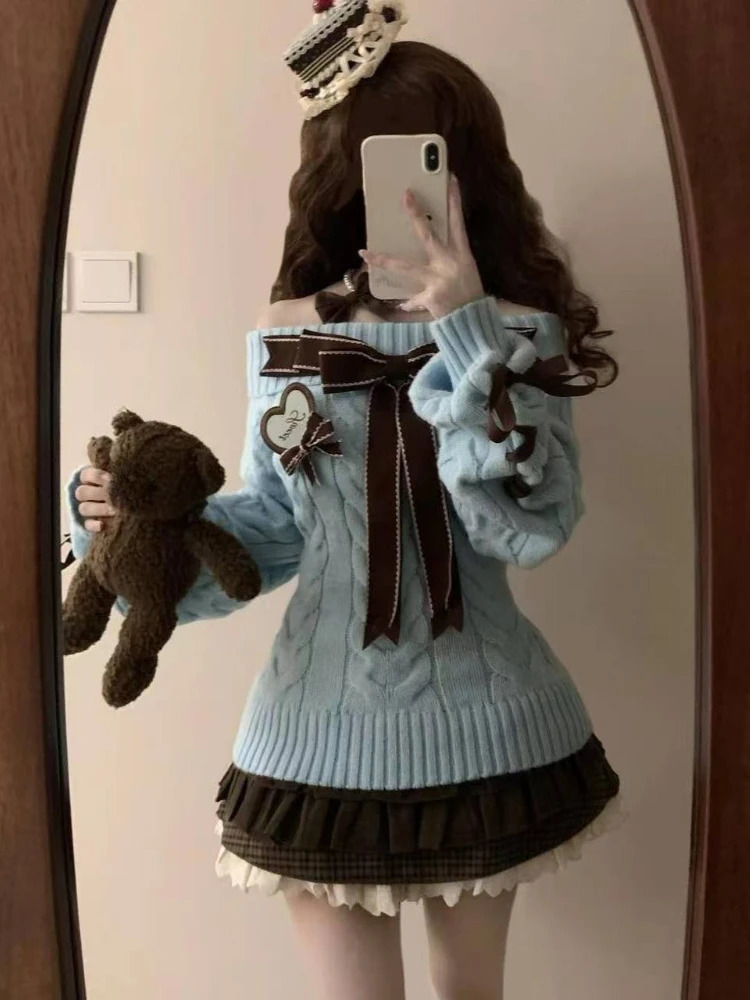 Autumn Winter Sweet Sexy Off Shoulder Knitted Sweater Y2k E-girls Slim Fit Jumpers Casual Long Sleeve Korean Fashion Pullovers 250723