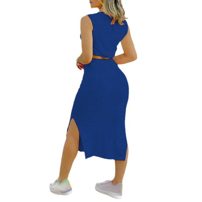 F1300 New Womens Solid Color Round Neck Short Top Fashionable Elegant Skirt Set