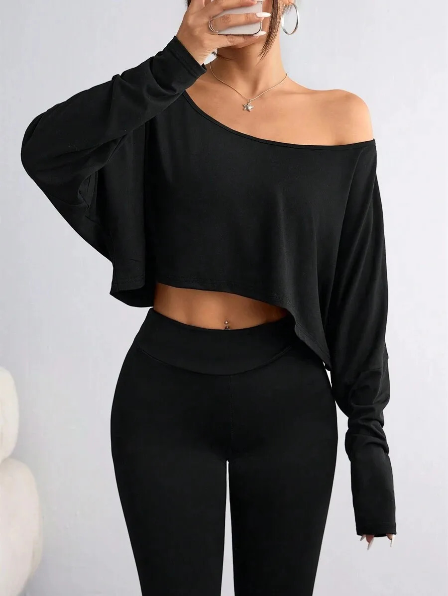 Womens Black Long Sleeve Blouse Tshirt Casual Asymmetrical Neck Strapless Top for Sporty 250729