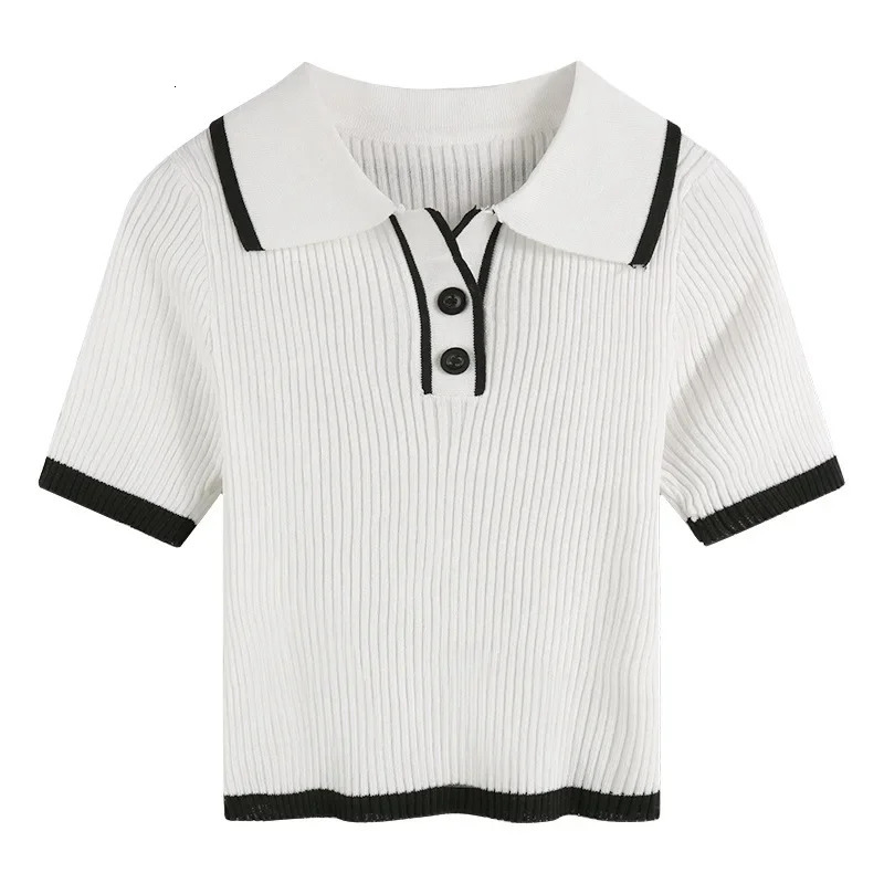 Contrast Color Polo Collar Shoulder Knitted Short Sleeves Tshirt Womens Summer SlimFitting n Sense Niche Short Tops 250724