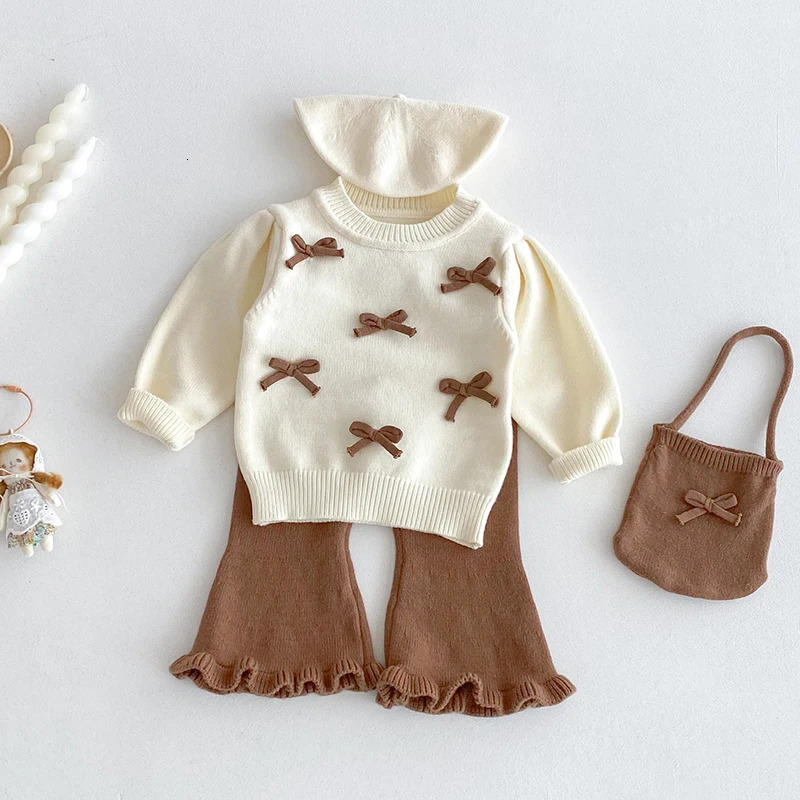0-24M Baby Girls Knit Suit Fashion Baby Girls Clothing Sets Bow Knit SweaterBell-Bottoms Suit 2PCS Infant Girls Knit Tracksuits 250729