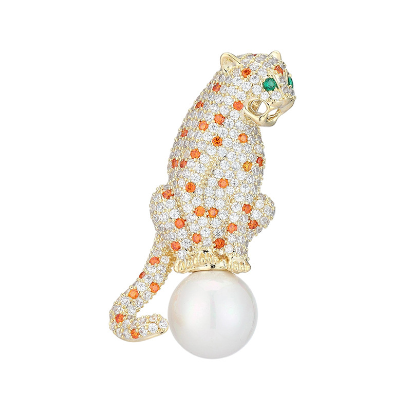 Gold Tone Rhinestone - Encrusted Leopard Brooch With Orange Gemstone Spots, Green Eyes And Pearl Accent Bold Party Jewelry And Gift For Her High Quali