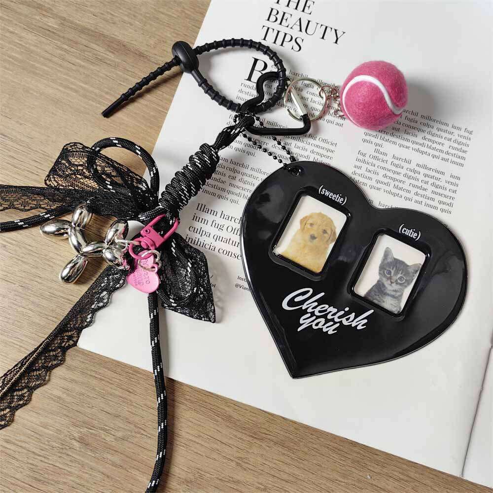 INS Black Heart Card Holder Silver Balloon Dog Keychain Lace Braided Rope Girl Bag Pendant