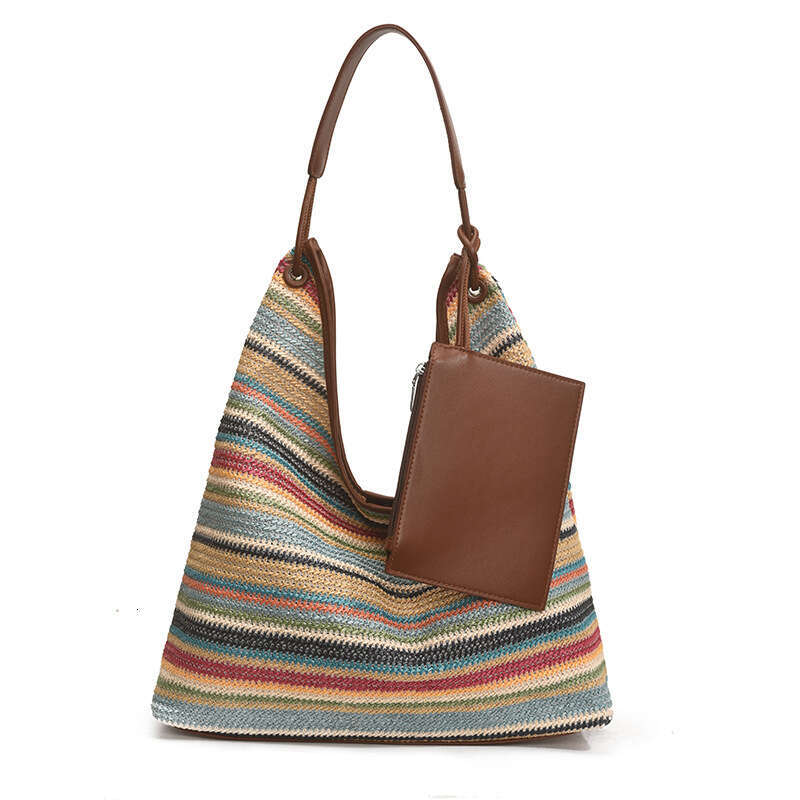 Tote Women's New Style Woven Color Stripe Shoulder Handbag Straw Vacation Beach Bag
