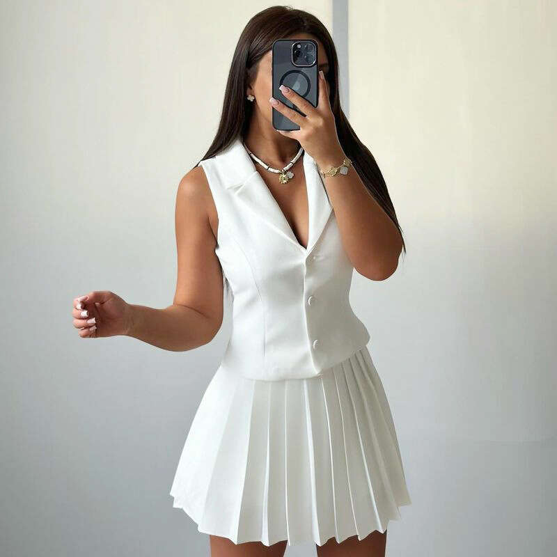 Spring Summer New Women's Sleeveless Blazer Vest Pleated Short Half Skirt Commuter Two-Piece Set B5