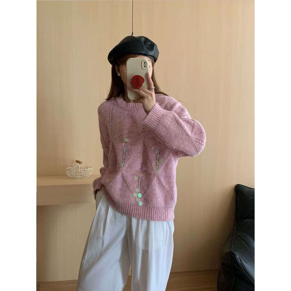 French Style Sequin Hollow Soft Sweater Knitwear For Women Autumn Winter Heavy Craft Design Niche Lazy Loose Top B5