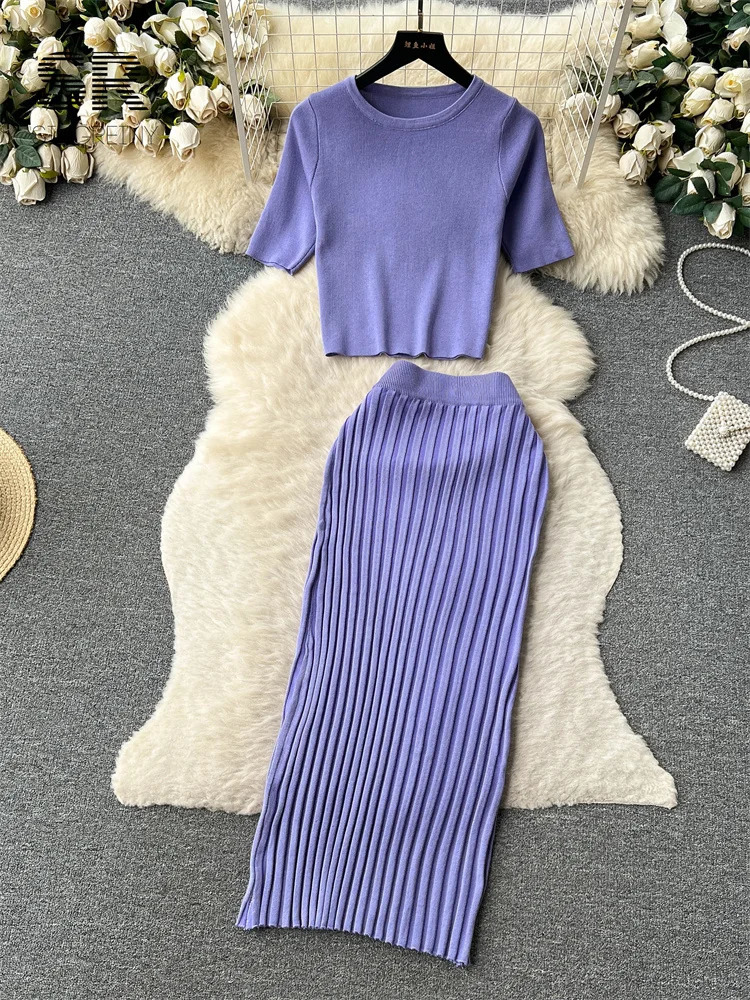 Casual Two Piece Sets Women Summer O Neck Top Elastic Waist Long Skirt Fashion Office Lady Korean Knit Suit 250729