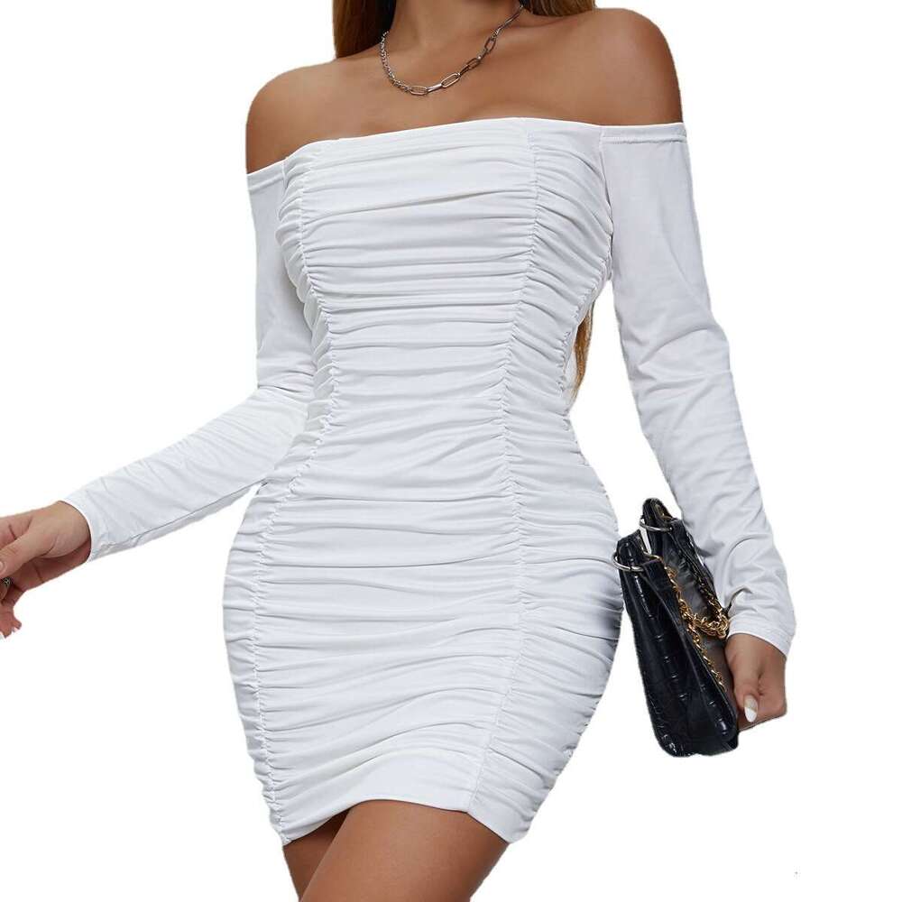 Women's Spring And Autumn Off-Shoulder Long Sleeve Ruched Elegant Bodycon Sexy Tube Top Dress B5