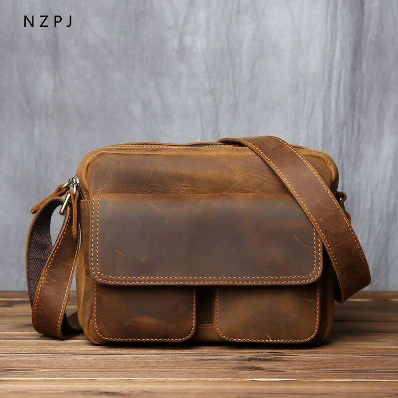 NZPJ Retro Leather Men's Messenger Casual Top Layer Cowhide Shoulder Bag Horizontal Backpack Suitable For 9 Inch Ipad