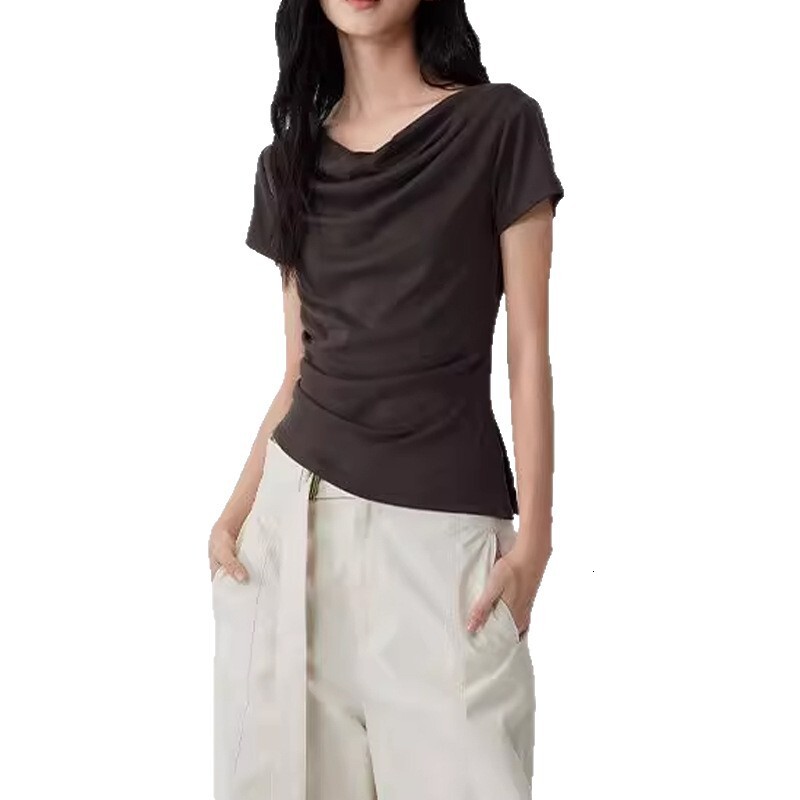 2025 summer new swing collar design short sleeved shirt with waist and slit, women's exquisite top new designer T-shirt