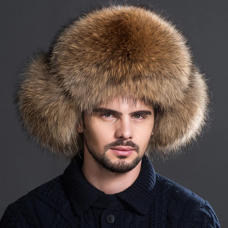 100% Fur Fox Skin Russian Businessmen Pilot Bombers Full Fur Mens Hat Ushanka Winter Ear Guard Hat Raccoon Fur Beanie Hat 250724