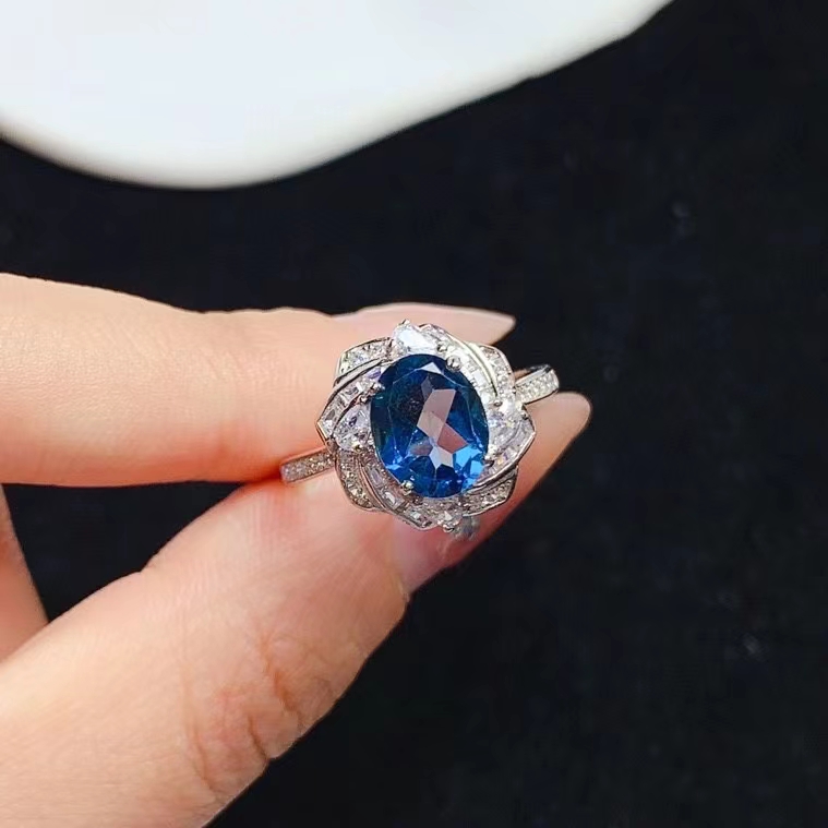 Deep blue natural topaz ring 7mm*9mm VVS grade genuine London blue topaz 925 silver ring for engagement