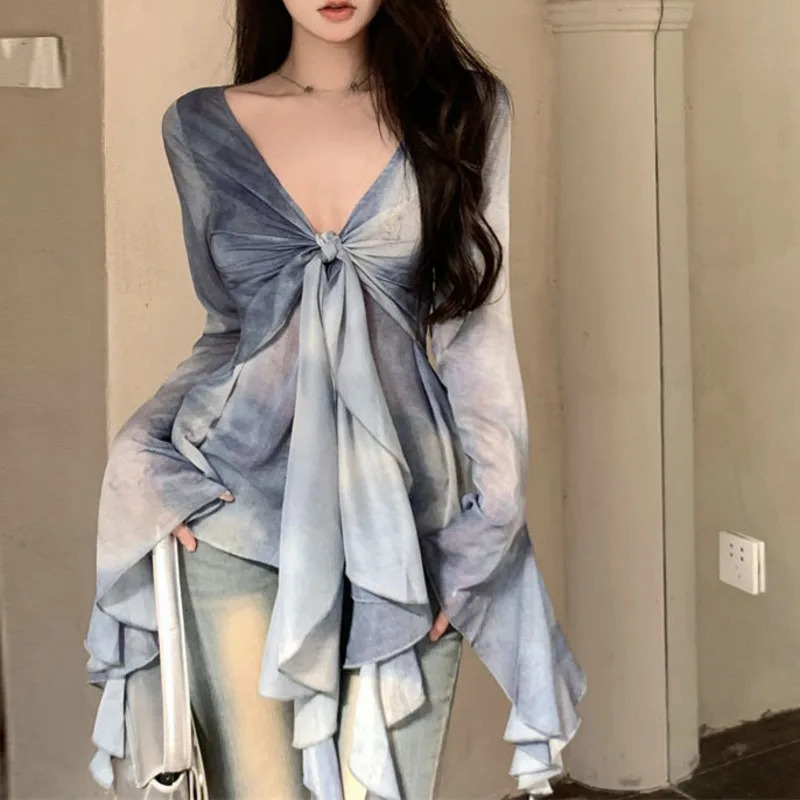 Sexy Women Tie Dye Mesh Sheer T-Shirt V Neck Flared Long Sleeve Slim Fit Tees 2 Pieces Front Bandage Tshirt Y2K Streetwear 250725