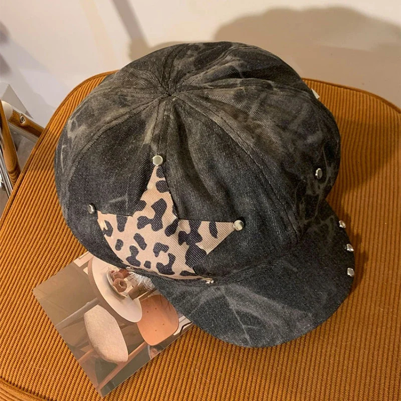 American Punk Style Rivet Star n Octagonal Hats for Women Spring and Autumn Casual Versatile Retro Washed Denim Berets Cap 250729