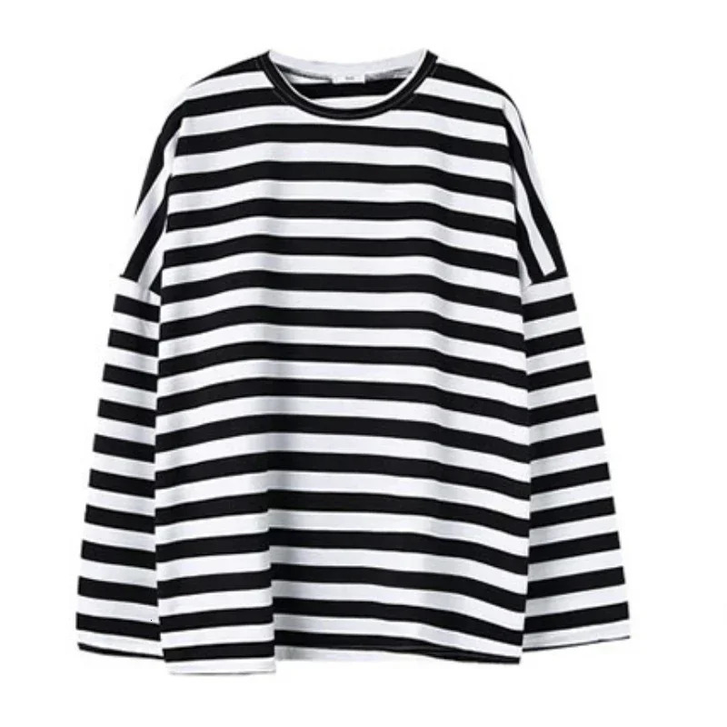 Spring Autumn Women Harajuku Striped TShirt Long Sleeve ONeck TShirts Korean Casual Oversized Femme Black Tops 250729