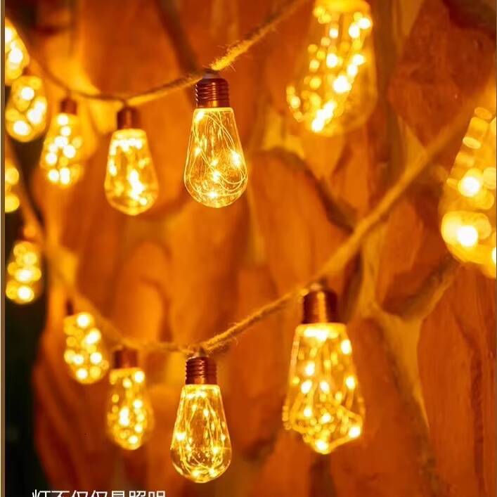 Outdoor Solar Hemp Rope Bulb with Copper Wire LED Hanging Garden Decorative Party String Light Vintage
