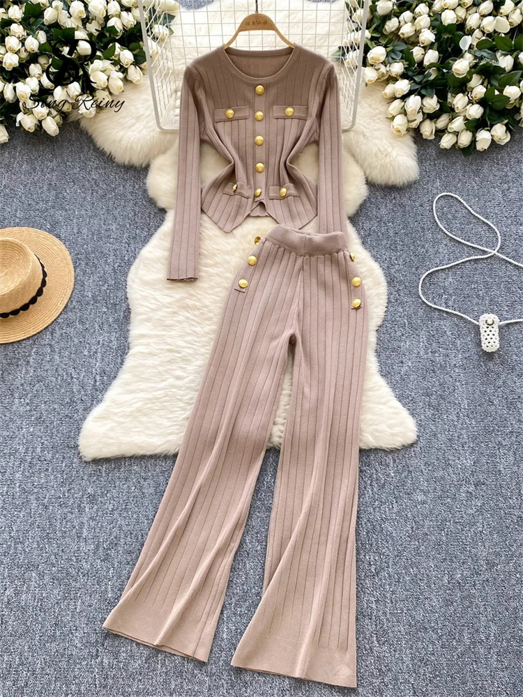 SINGREINY Fashion OL Winter Suits Women Long Sleeves Chic Buttons PulloversElastic Pants Vintage Sweater Two Pieces Sets 250730