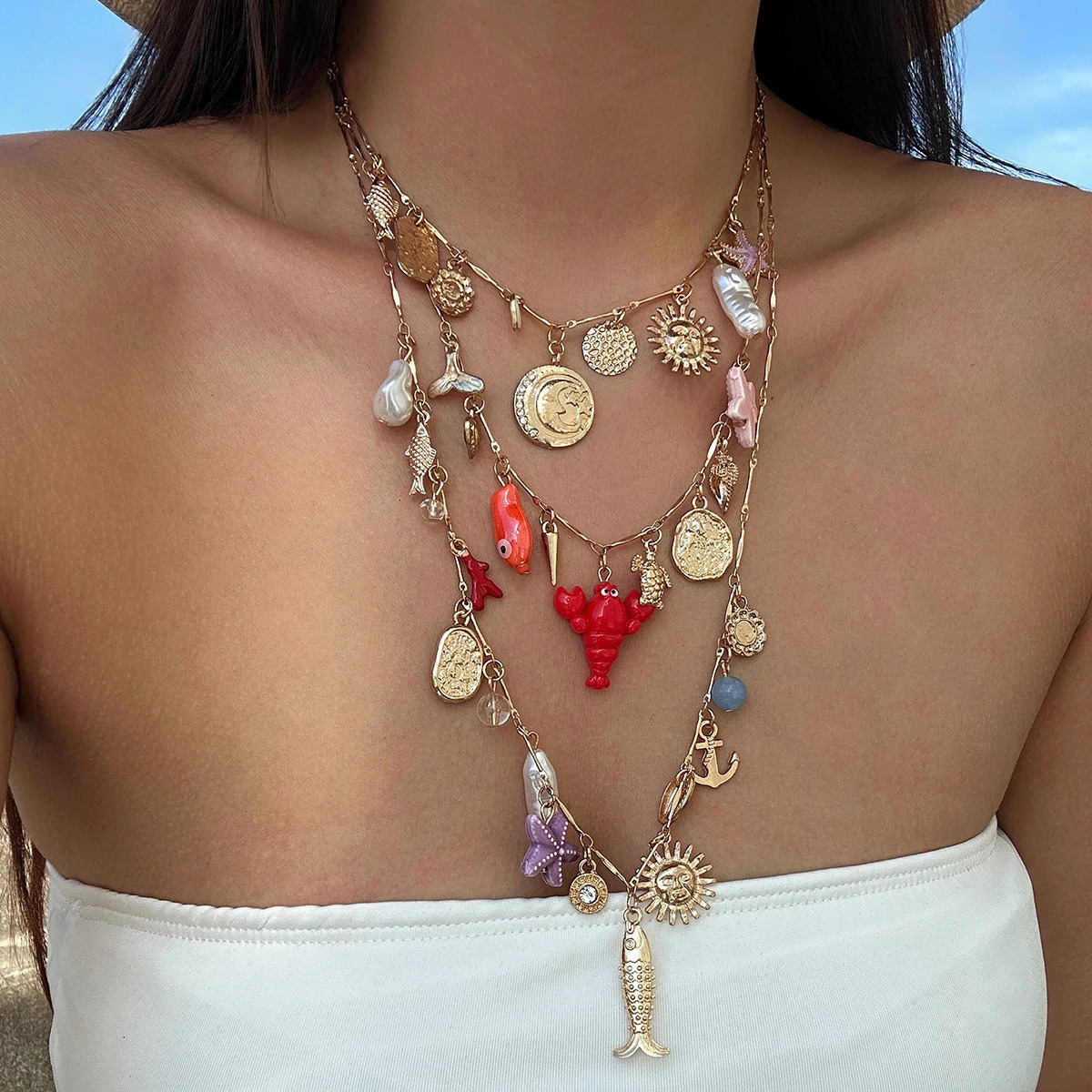 Ingemark 3PcsSet Boho Drip Oil Fish Scallop Cactus Starfish Tassel Pendant Choker Necklace Summer Chain Y2K Vacation Jewelry 250716