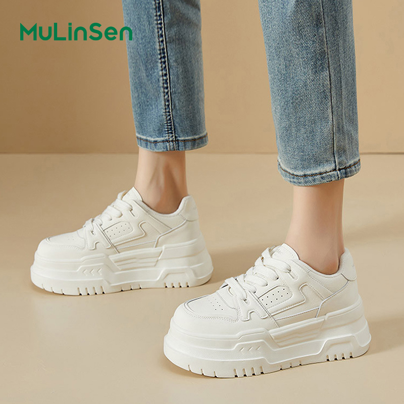 Mulinsen thick-soled white shoes for women 2025 four seasons new versatile casual sports genuine leather platform shoes small size sneakers