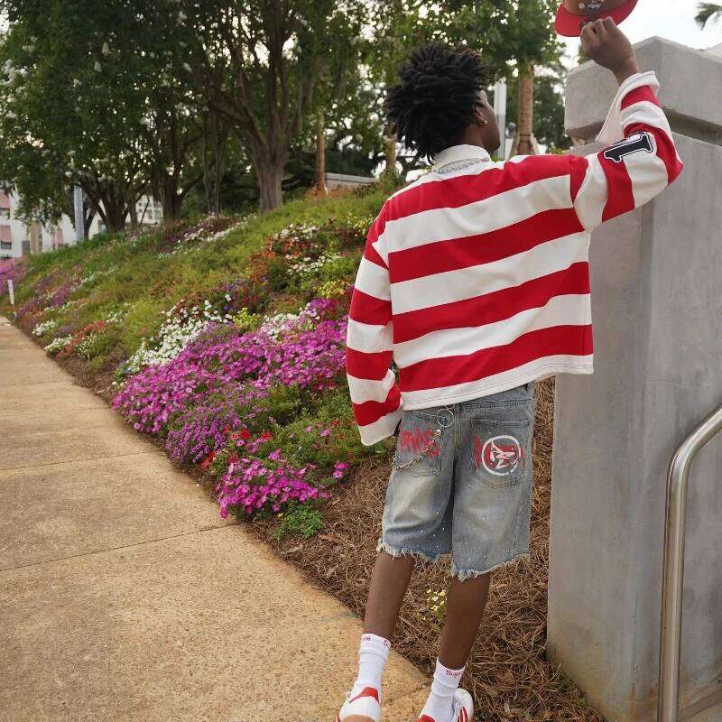 2 Pcs Co-ords Sume Rugby Dia Embroidery Stripe Polo Shirt Y2K Retro Classic Unisex Oversized Long Sleeved Shirts Sets