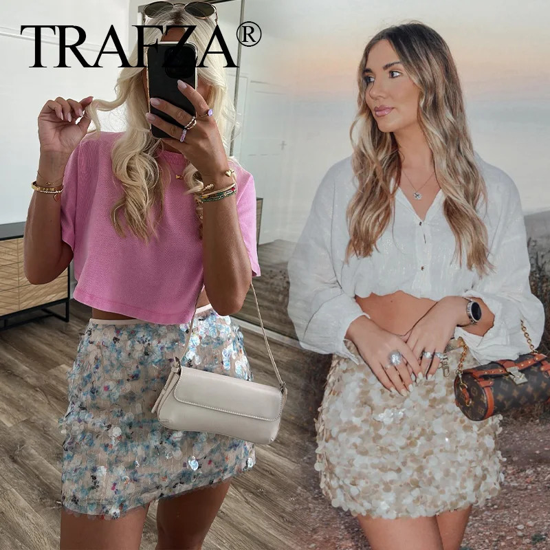 TRAFZA Women Fashion Solid Sequins Mini Skirt Slim Casual High Waist Side Zipper Skirts Mujer Summer Sweet Style 250730