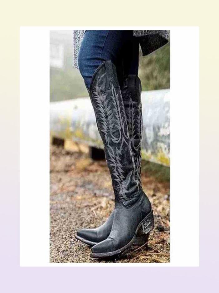 Bonjomarisa Ladies Punch Shoe Cowgirls Chunky Heel Embroidery Mid Calf Boots For Women Fashion High Quality Casual Ladie Shoes J227201544