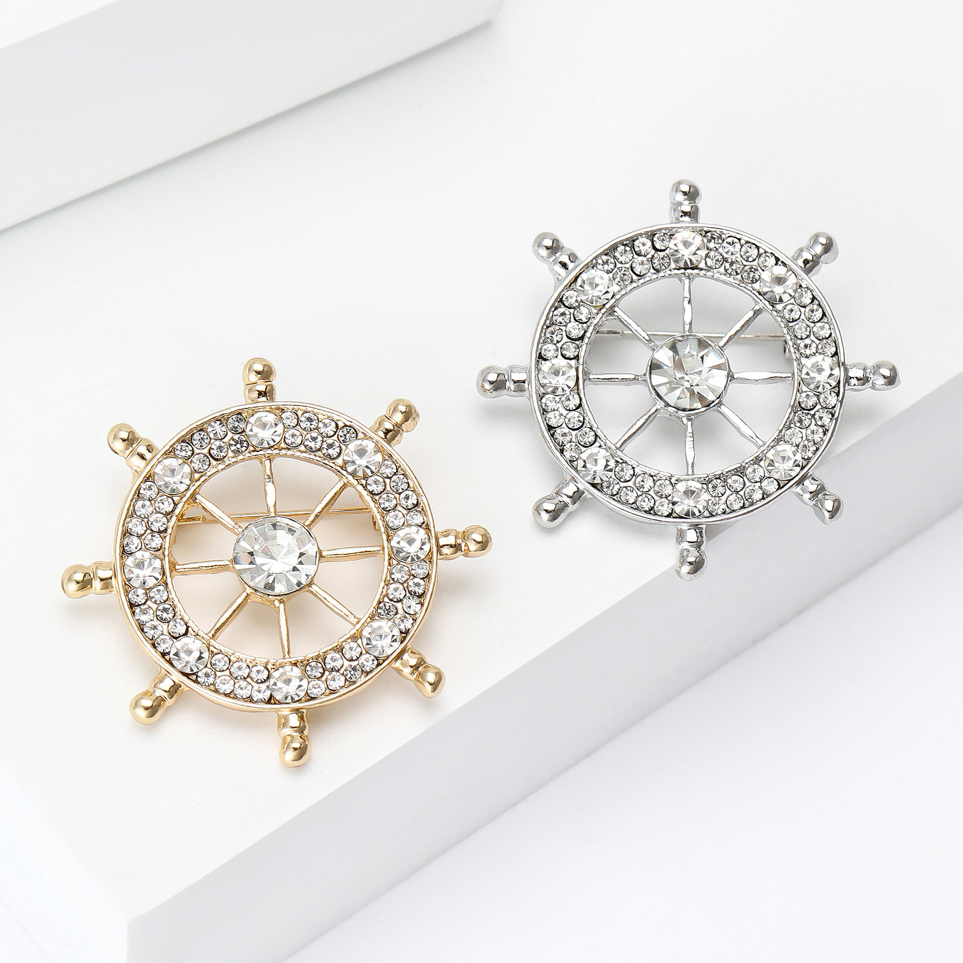 Gold Tone Rhinestone - Encrusted Ship Wheel Brooch Nautical Style Jewelry And Gift For Him/Her High Quality And Stylish Jewelry